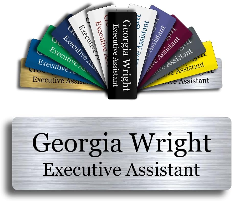 Custom Engraved Name Tag 1" x 3" Personalized Badge Magnetic or Pin Backing Made in The USA by Gem Awards (Silver)