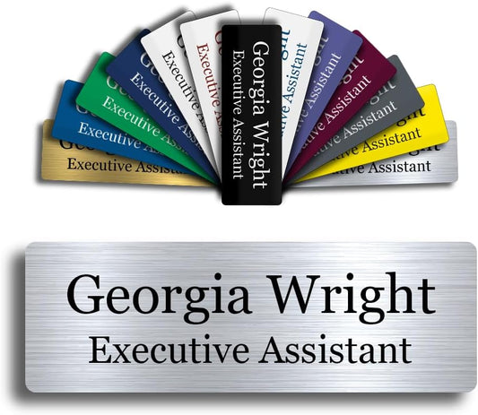 Custom Engraved Name Tag 1" x 3" Personalized Badge Magnetic or Pin Backing Made in The USA by Gem Awards (Silver)