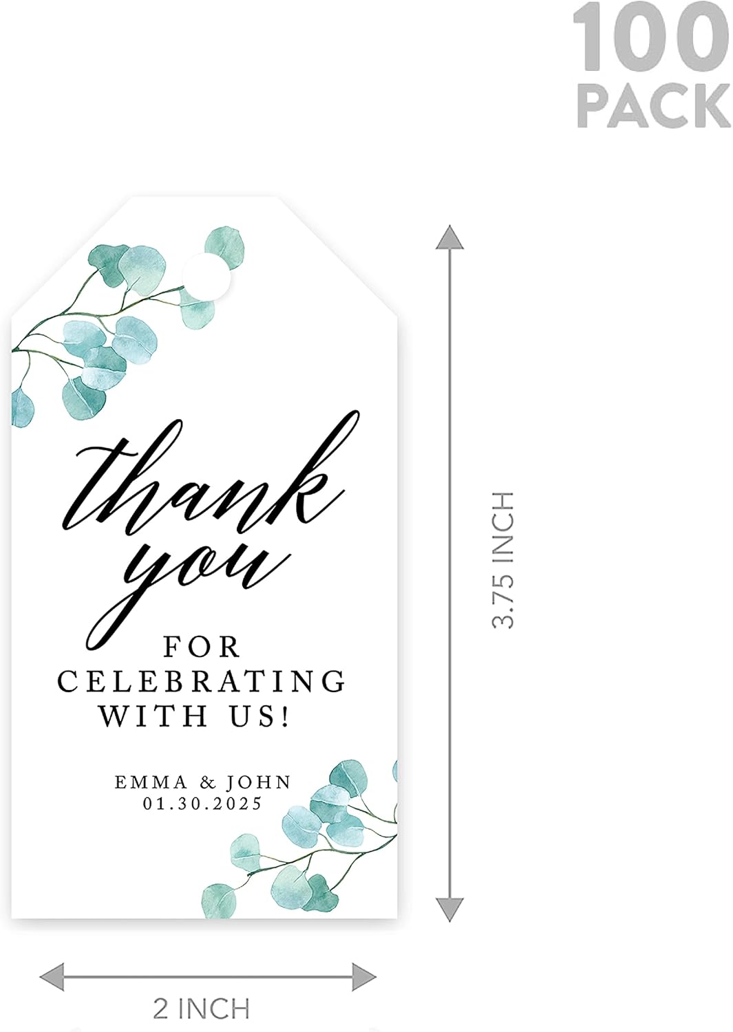 Andaz Press 100-Pack Personalized Thank You for Celebrating with Us Wedding Favor Tags with Bakers Twine Silver Dollar Eucalyptus Custom Cardstock Wedding Gift Tags for Party Favors 2 x 3.75-Inches