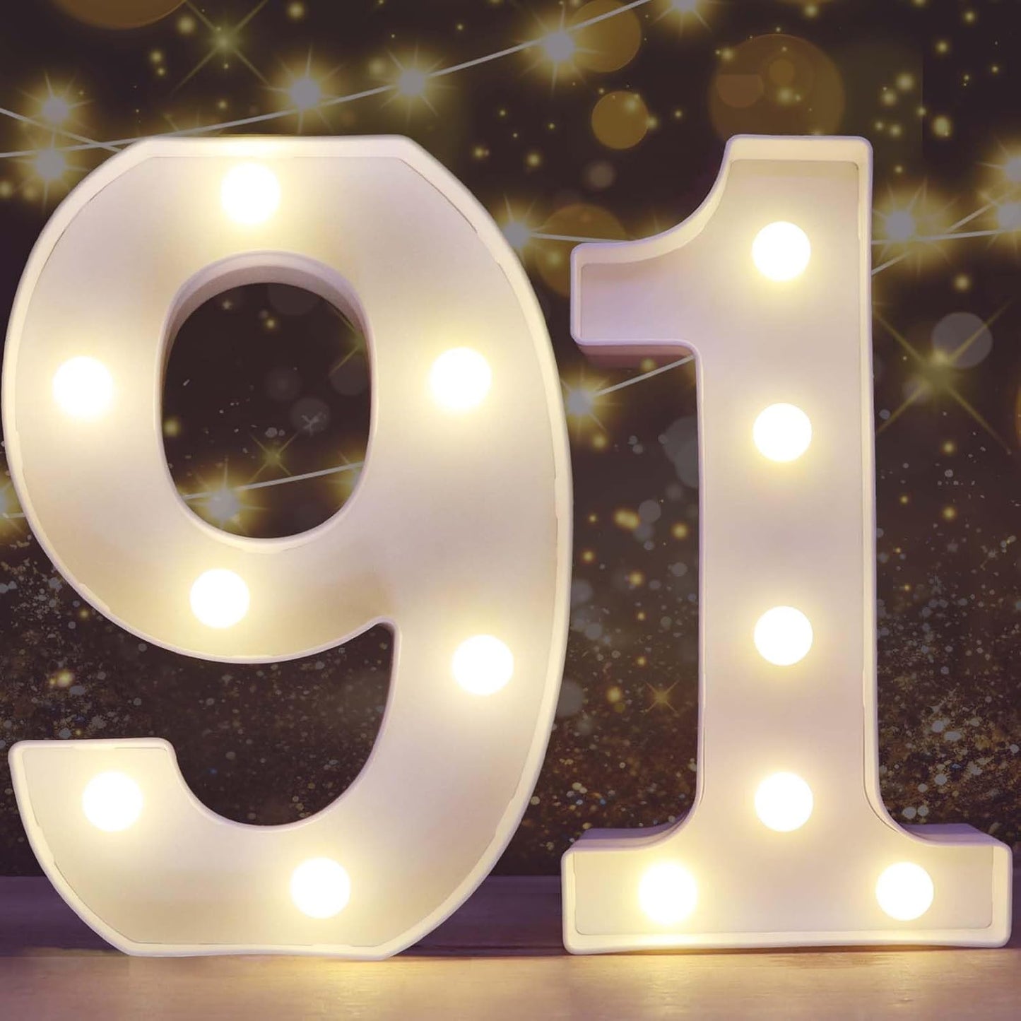 Pooqla Decorative LED Light Up Number Letters, White Plastic Marquee Number Lights Sign for 91th Birthday Party Wedding Decor, Battery Operated