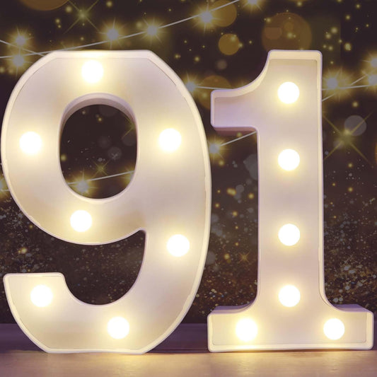 Pooqla Decorative LED Light Up Number Letters, White Plastic Marquee Number Lights Sign for 91th Birthday Party Wedding Decor, Battery Operated