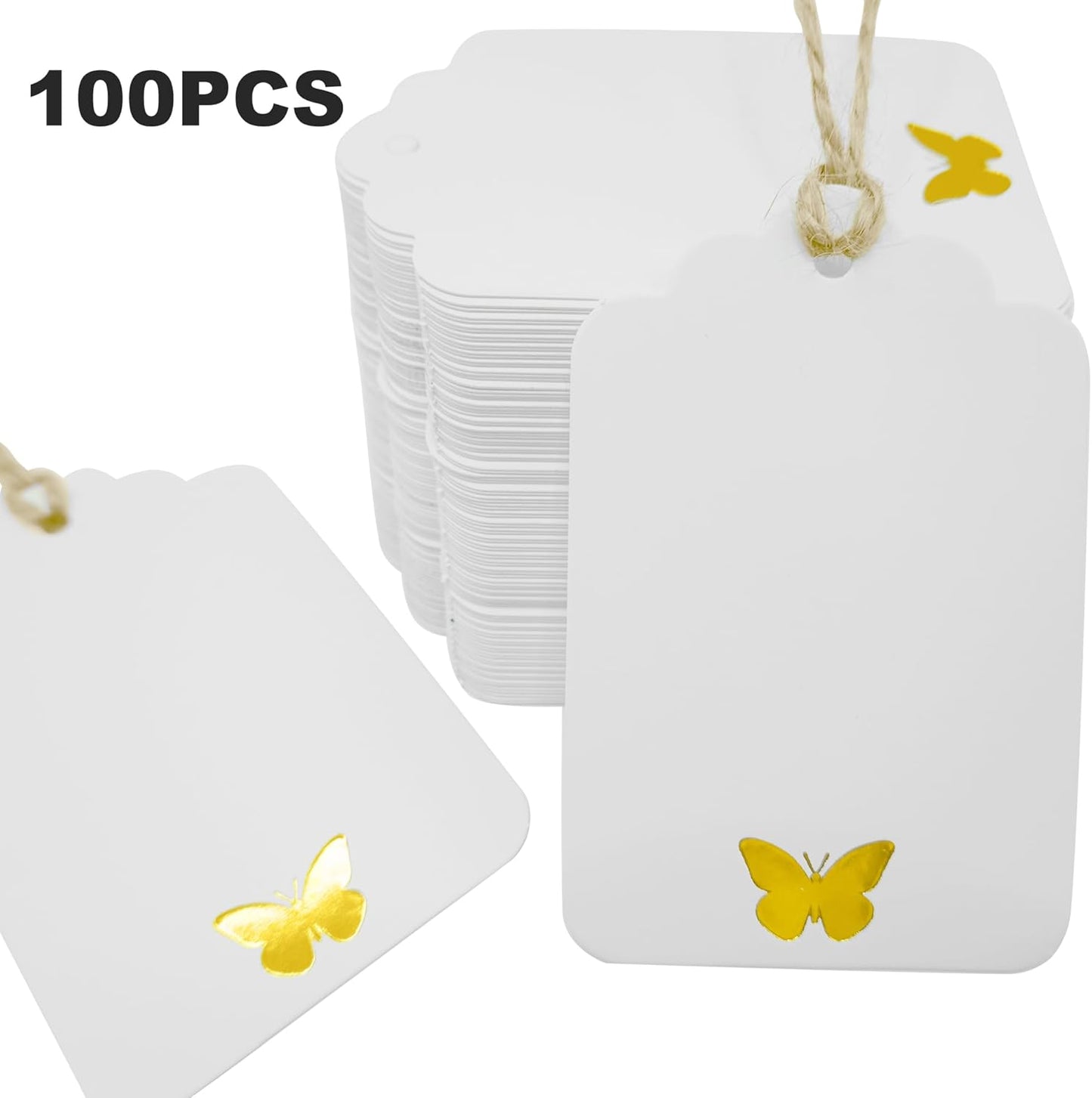 100Pcs Blank Gift Tags with String, Foil Gold Butterfly Large Gift Tags with 65 Ft Jute Twine White Paper Cute Tags for Birthday Baby Shower Wedding Party Gift Wrap Tags