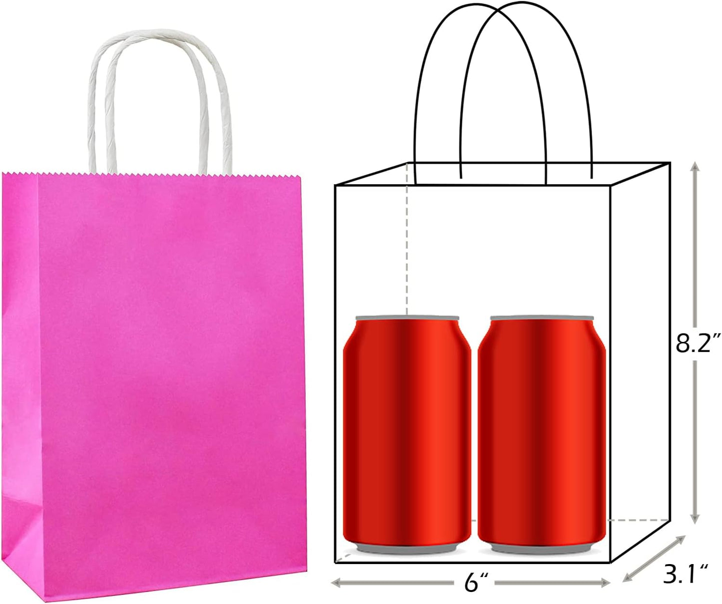 25 PCS Small Gift Bags Hot Pink Kraft Paper Bags with Handles for Party Favors (8.2 x 6 x 3.1 In)