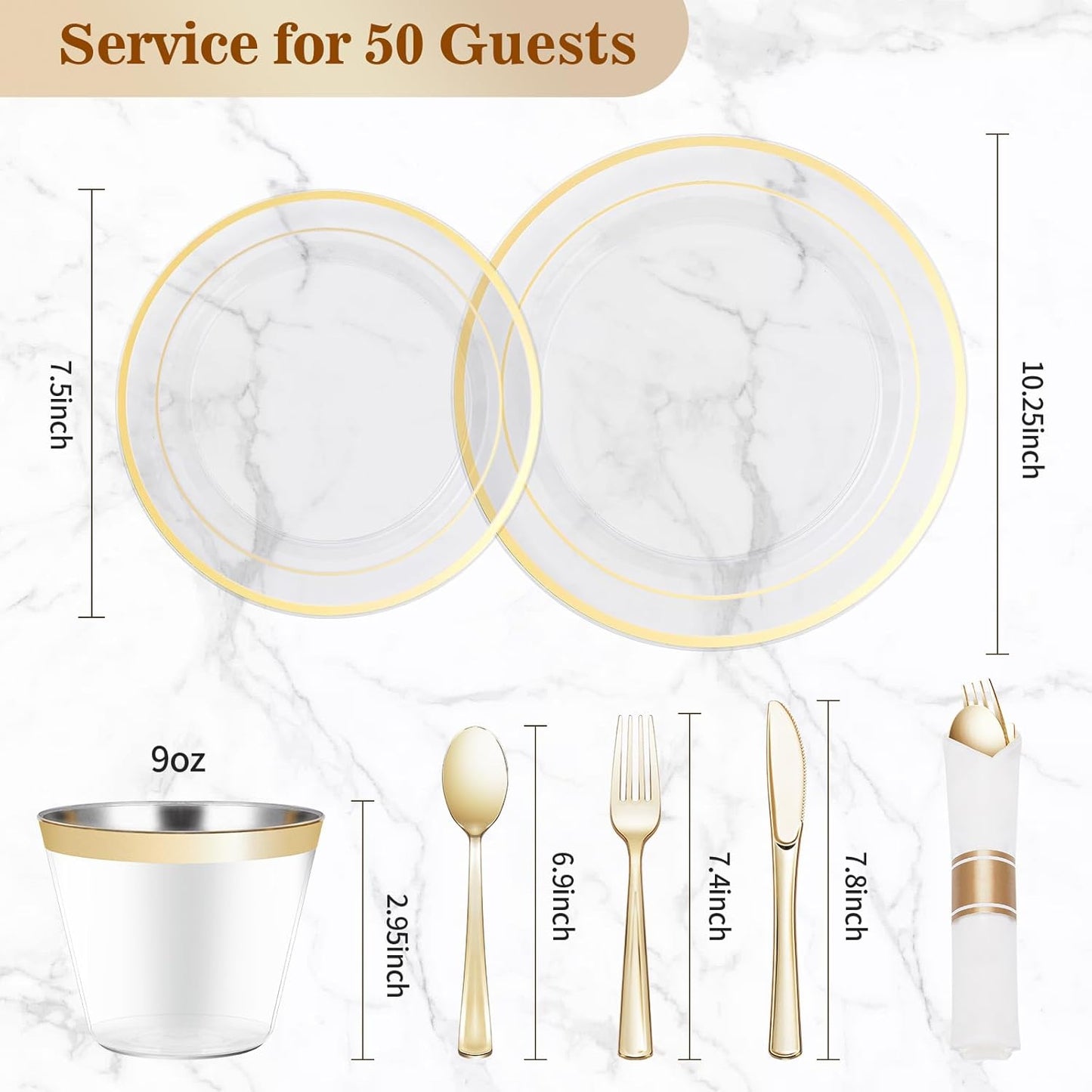 BESTVIP 350PCS Clear Gold Plastic Dinnerware Set for 50 Guests, Disposable Party Plate for Christmas and New Year,Halloween, Include: 100 Plastic Plates, 50 Pre Rolled Napkins with Silverware, 50 Cups