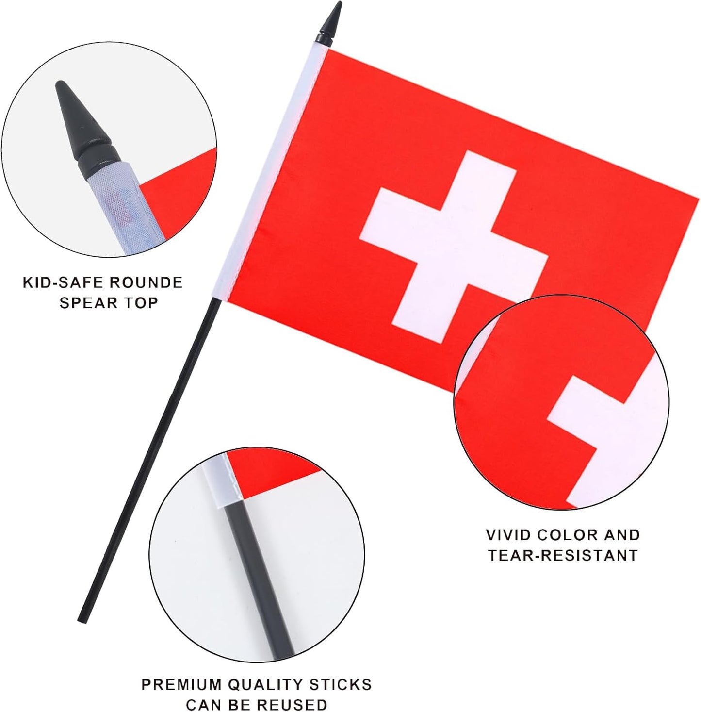 Switzerland Desk Flag 12" Solid Pole Deluxe Set Swiss Flags Banner Mini Small Switzerland Office Table Flags with Black Stand Base Desktop Decorations(2Pack)