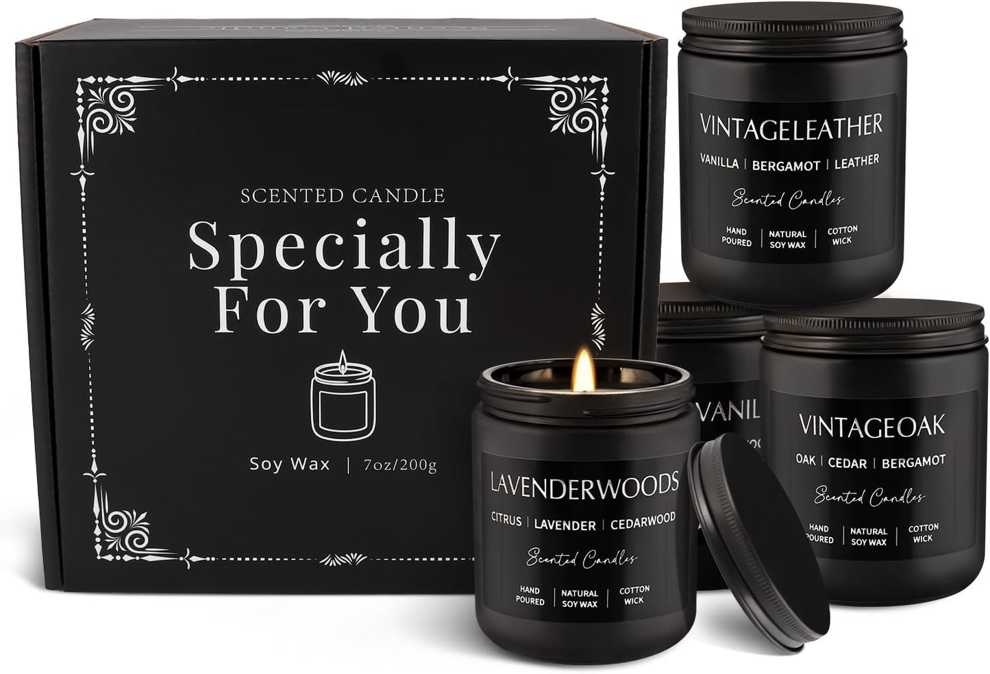 Scented Candles Gift Set - 4 Pack (7oz Each) Soy Wax Aromatherapy Candles with Essential Oils, Smokeless - Leather & Smoke, Vanilla Oakmoss, Lavender for Office, Gifts