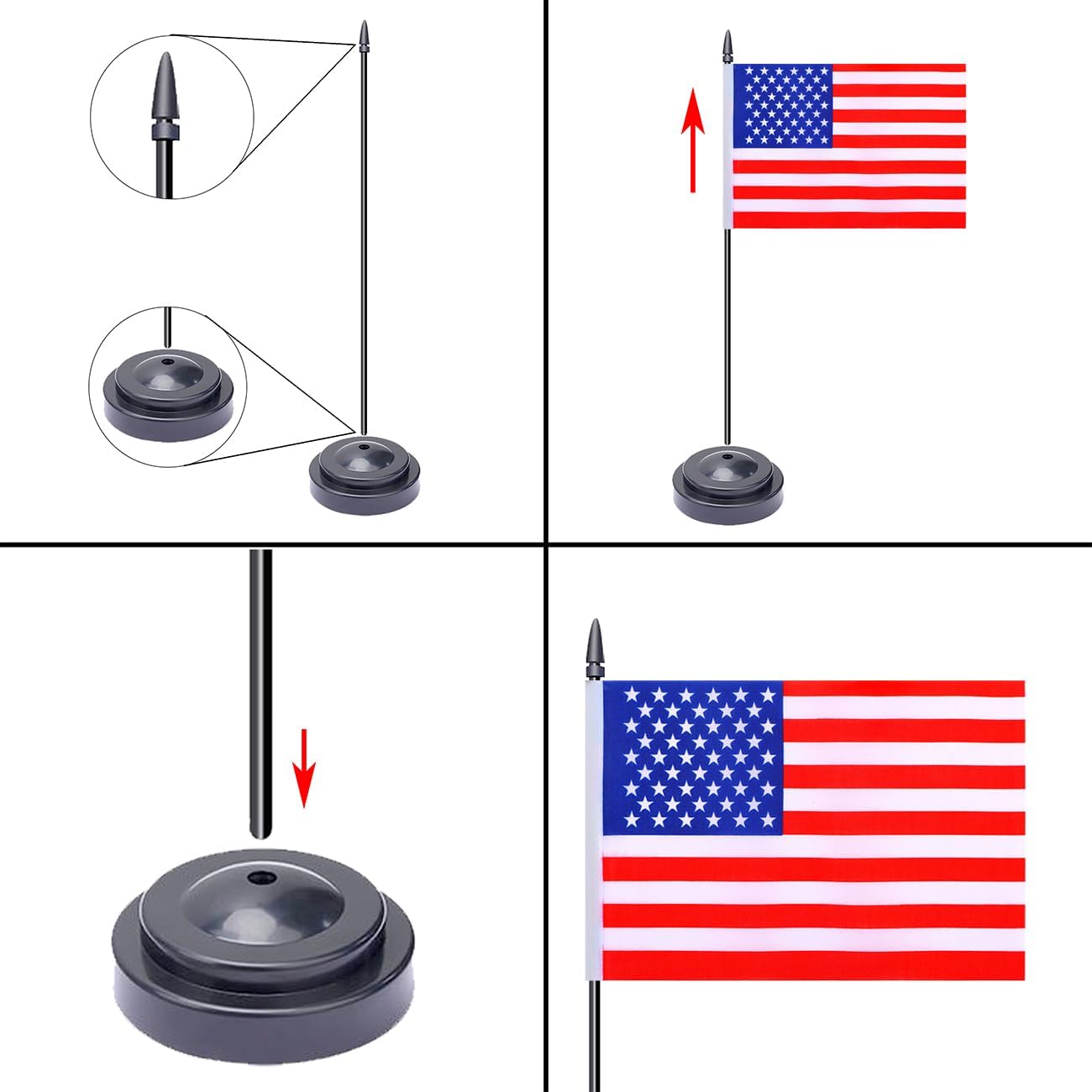 WXTWK 2 Pack American Flag US Desk Flag Set - Mini Small USA Table Office Flags with Black 12" Solid Pole Stand Base 4th of July Party Veteran's Day Classroom Meeting Desktop Decorations