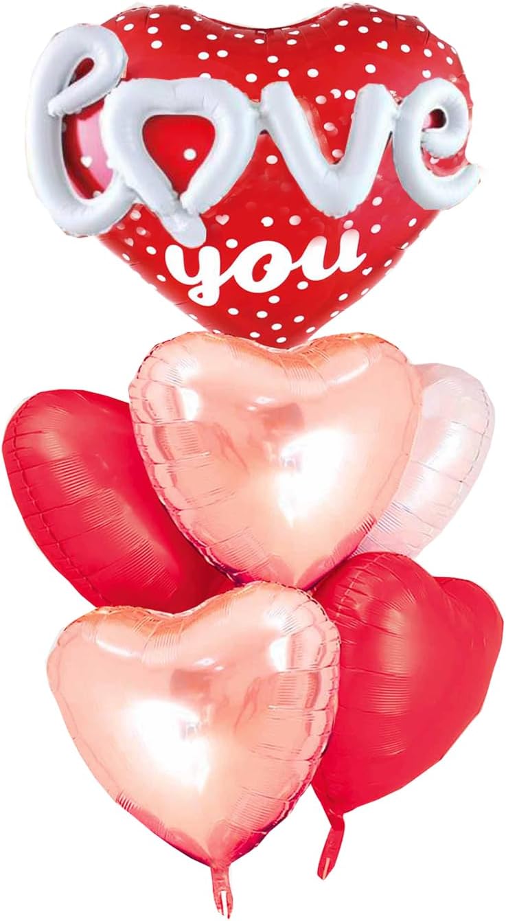 Red Heart Shape Rose Gold Love You Balloons Pack Of 6 Foil Helium Mylar Balloons For Valentines Day Mothers Day Wedding Anniversary Decorations Bridal Shower Birthday Party