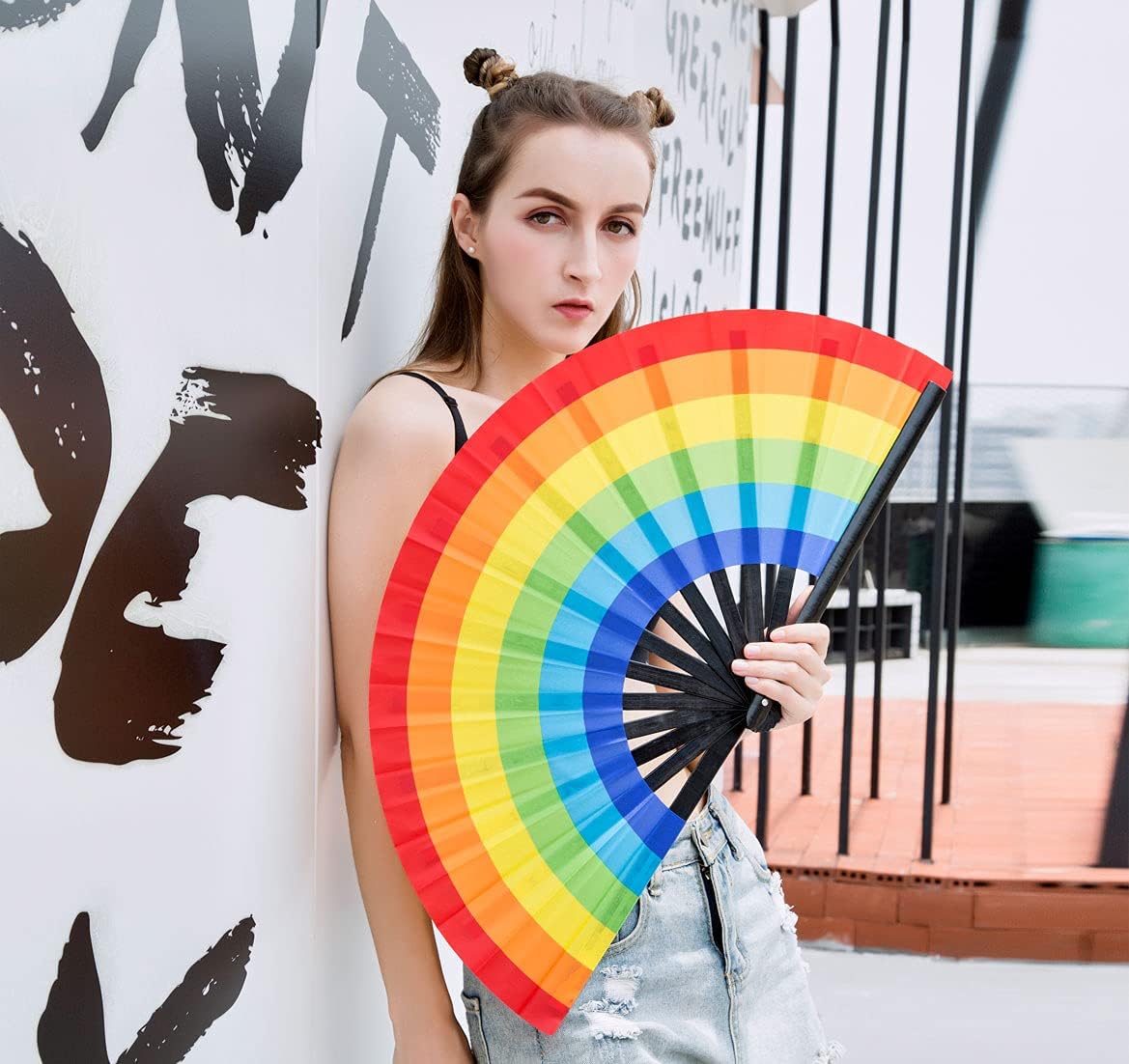 Amajiji Large Folding Hand Rave Fan Popping Fan for Line Dancing Clacking Fans for Boots On The Ground Dance,Party,Decoration,Festival (Rainbow)