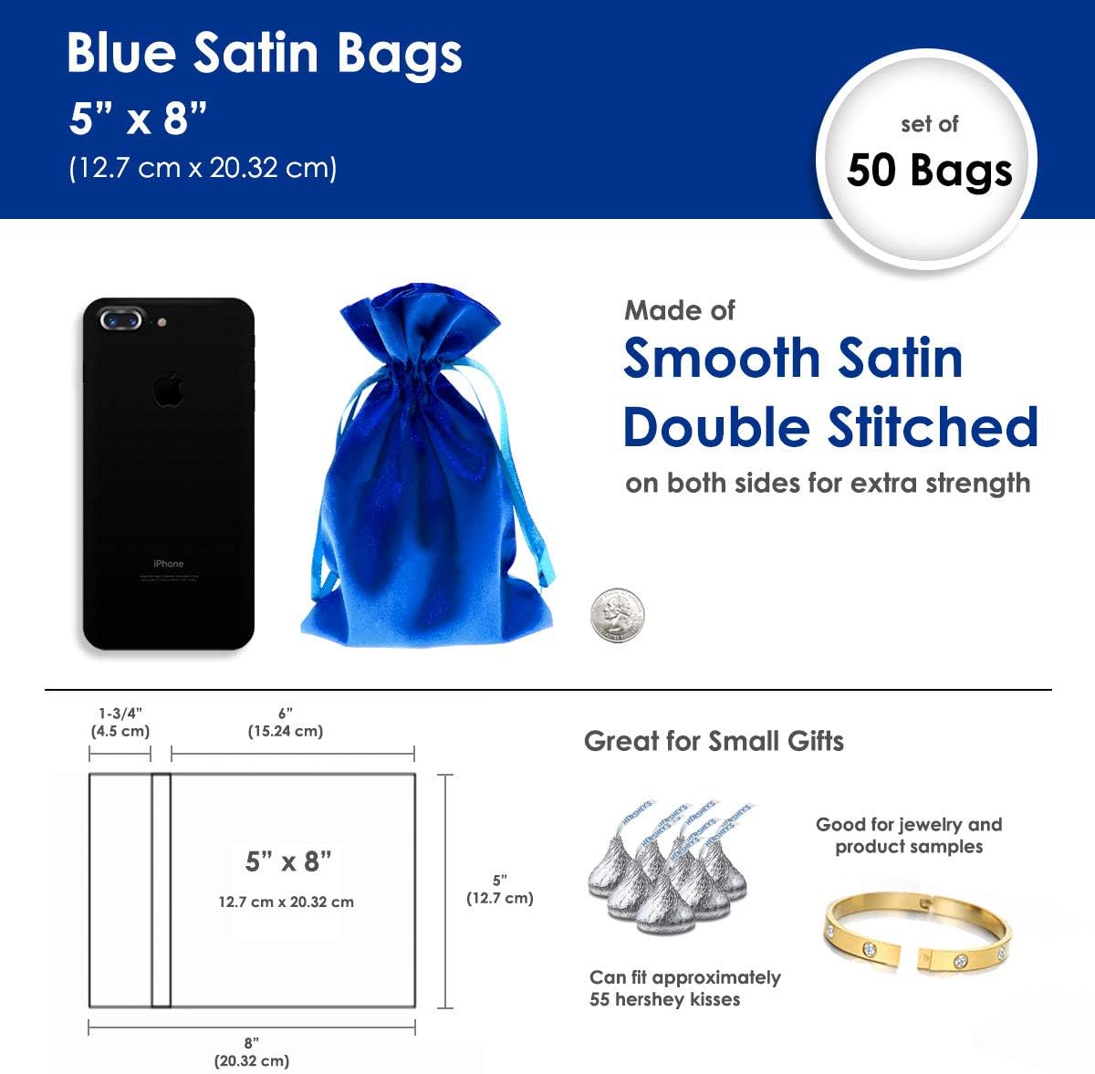 Blue Satin Gift Bags - 5" x 8" Jewelry, Wedding Favor, Baby Shower & Bags - 50 per Pack