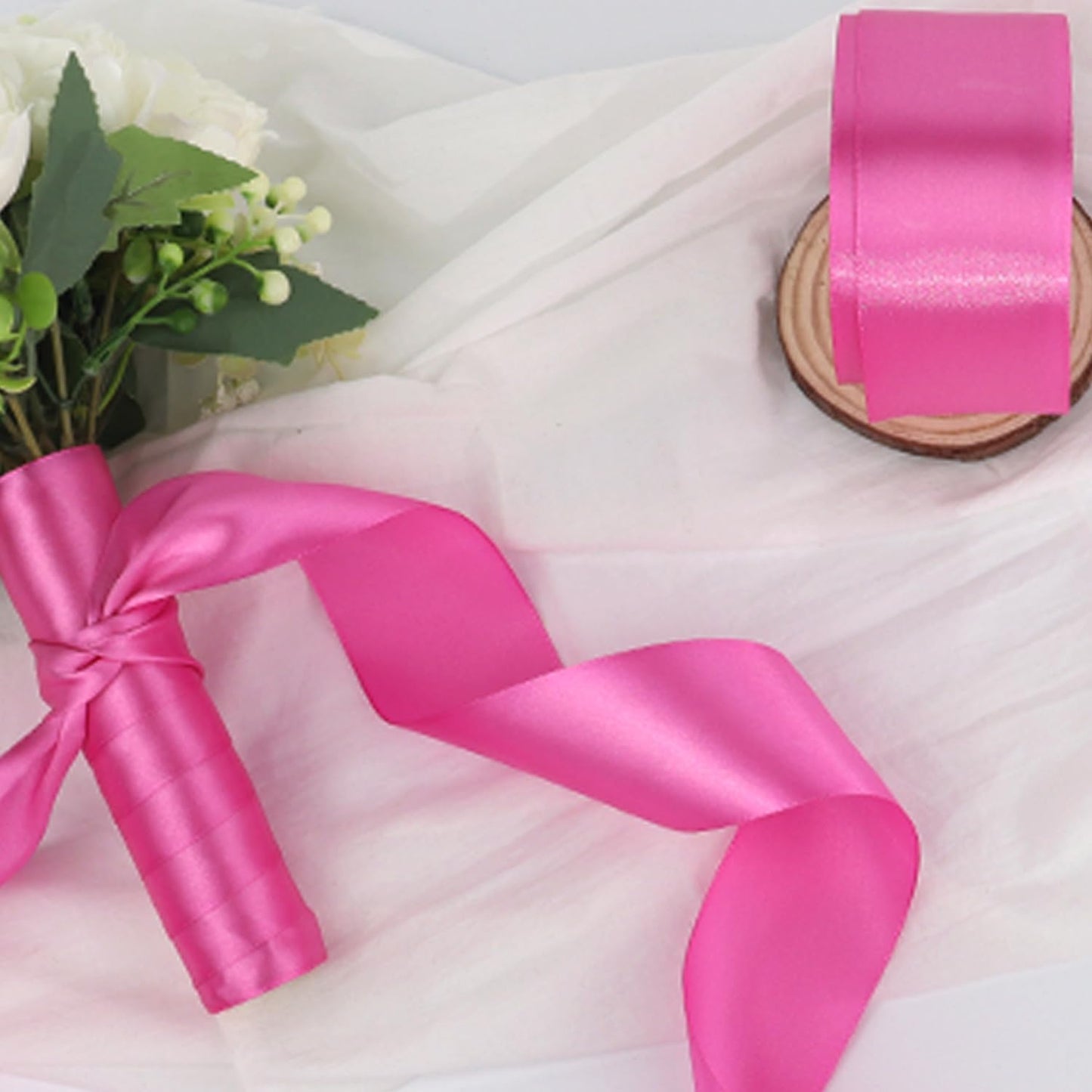 Hot Pink Solid Satin Ribbon 2 Inch 25 Yards Solid Polyester Fabric Ribbon for Gift Wrapping Wedding Christmas Baby Shower Birthday Party Decoration Handmade Immortal Flower Craft