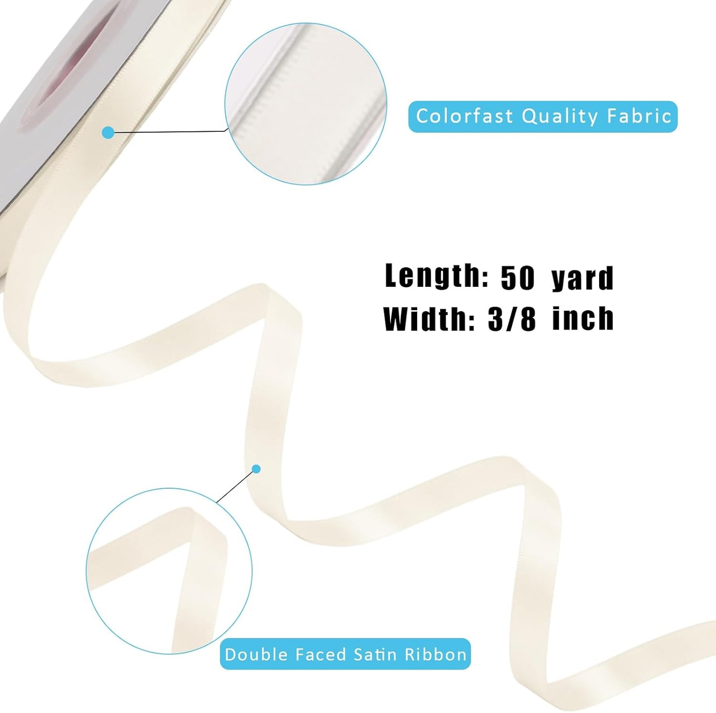 LaRibbons 3/8 Inch 50 Yard Double Faced Satin Ribbon,Ivory Small Satin Craft Fabric Ribbon for Gift Wrapping Floral Bouquets Wedding Party Decoration