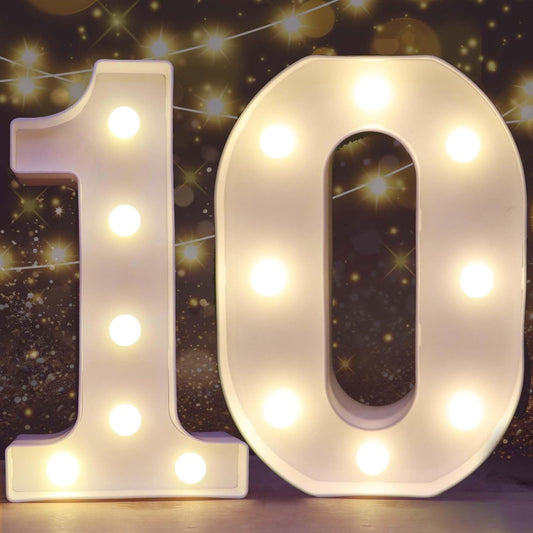 Pooqla Decorative Led Light Up Number Letters, White Plastic Marquee Number Lights Sign for 10th Birthday Party Wedding Decor Battery Operated Number (10)