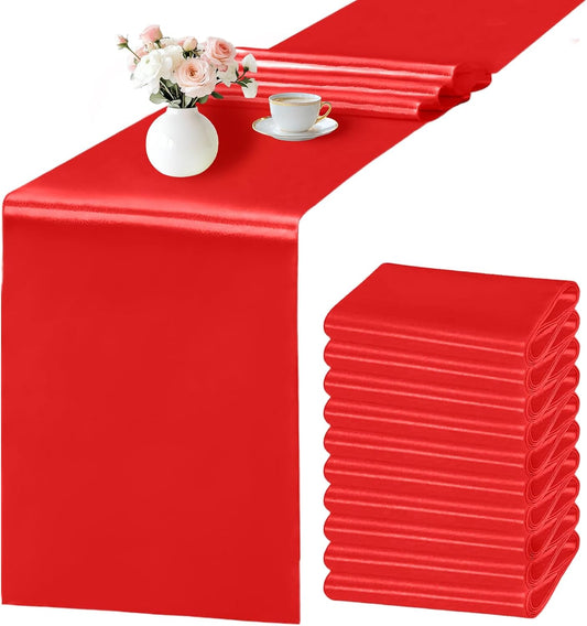 SHEJIZE 10 Pack Red Satin Table Runner 12x108 Inches Long, Bright Silky Smooth Satin Table Runner Table Decor for Wedding Banquet Christmas Prom Event Birthday Party