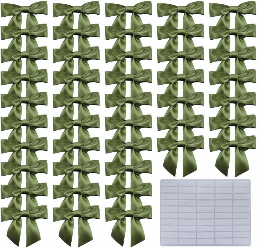 2.5" Hgzgch Sage Green Satin Ribbon Bow for Gift Wrapping, Premade Bows for Crafts, Cake, Party Favors, Handmade Bows with Double-Sided Tape, Self Adhesive Bows for Presents, Treats, Christmas - 50pcs
