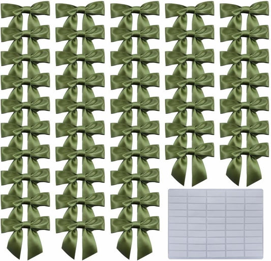 2.5" Hgzgch Sage Green Satin Ribbon Bow for Gift Wrapping, Premade Bows for Crafts, Cake, Party Favors, Handmade Bows with Double-Sided Tape, Self Adhesive Bows for Presents, Treats, Christmas - 50pcs
