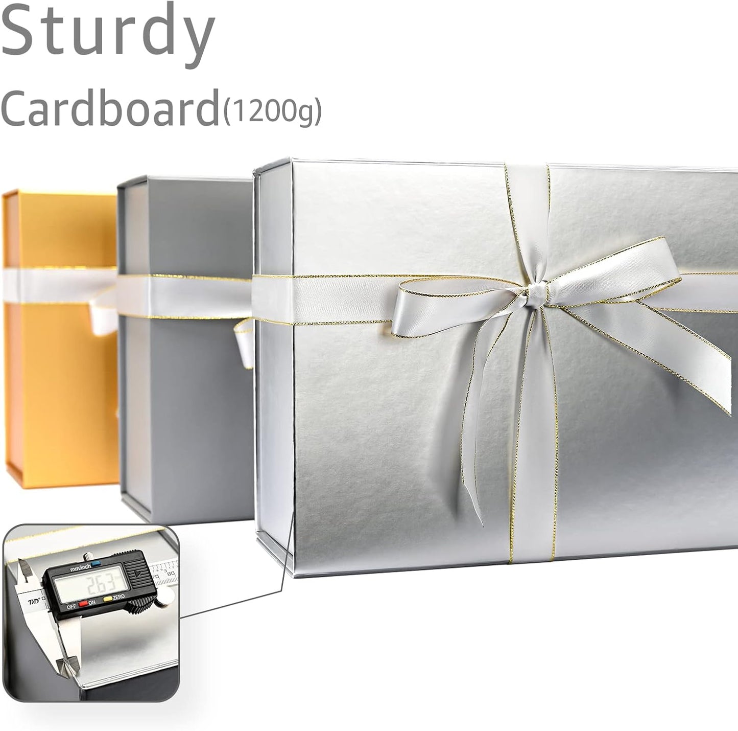 LIFELUM Gift Boxes with Lids,1 Pack 13.85 x 8.35 x 4.45 inch Silver Gift Boxes with Ribbon, Card, Shredded Paper Filler Gift Boxes for Presents,Graduation,Christmas,Birthdays