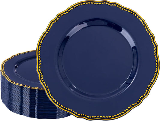 Hioasis 60pcs Blue Plastic Plates - Blue and Gold Disposable Dinnerware with Gold Rim, Heavy-duty, 10.25 inch, Dinner Plates for Party & Wedding