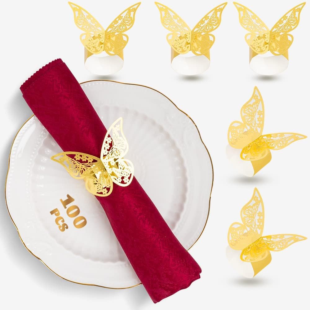100 Pcs Napkin Rings Laser Cut Butterfly Shape Foil Paper Napkin Holder for Weddings Party Serviette Table Decoration Restaurant (Gold)