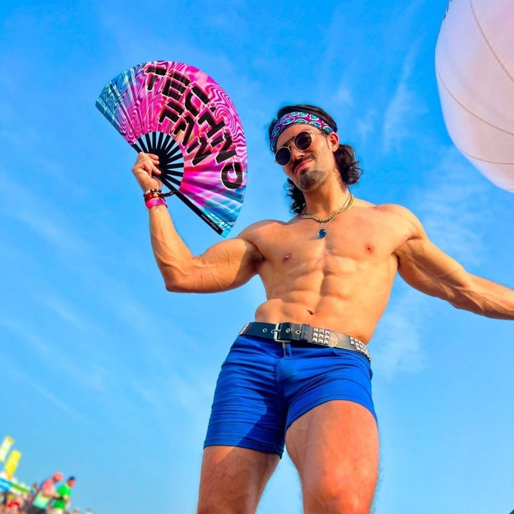 Kandies World UV Reactive Custom Festival Folding Hand Fan - Unique Designs, Made of Bamboo, Clacking Sound, Lightweight - Perfect Rave and Festival Accessory!