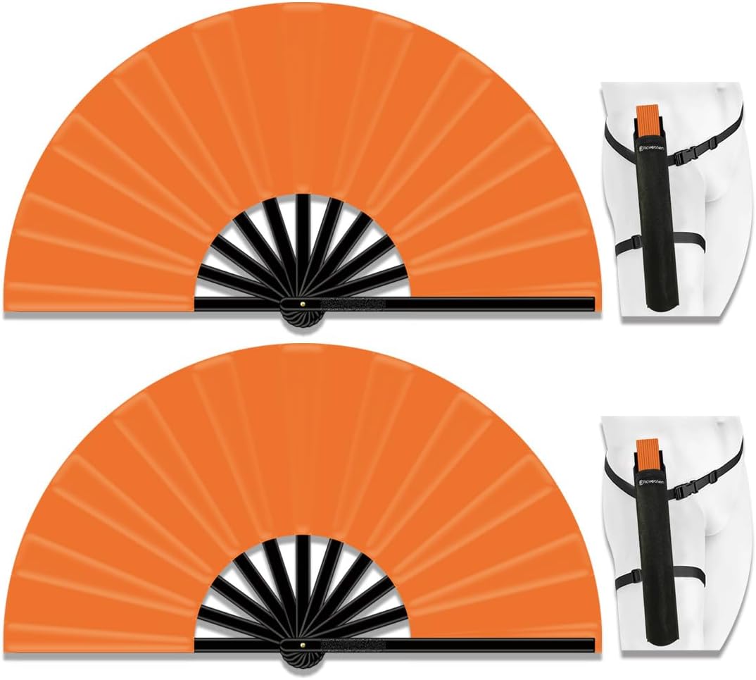 13" Large Folding Rave Fan with Holster, Clack Hand Fans Foldable for Line Dancing, Boots On The Ground Fan for Women Men Festival EDM Party Decoration, Orange 2 Pack