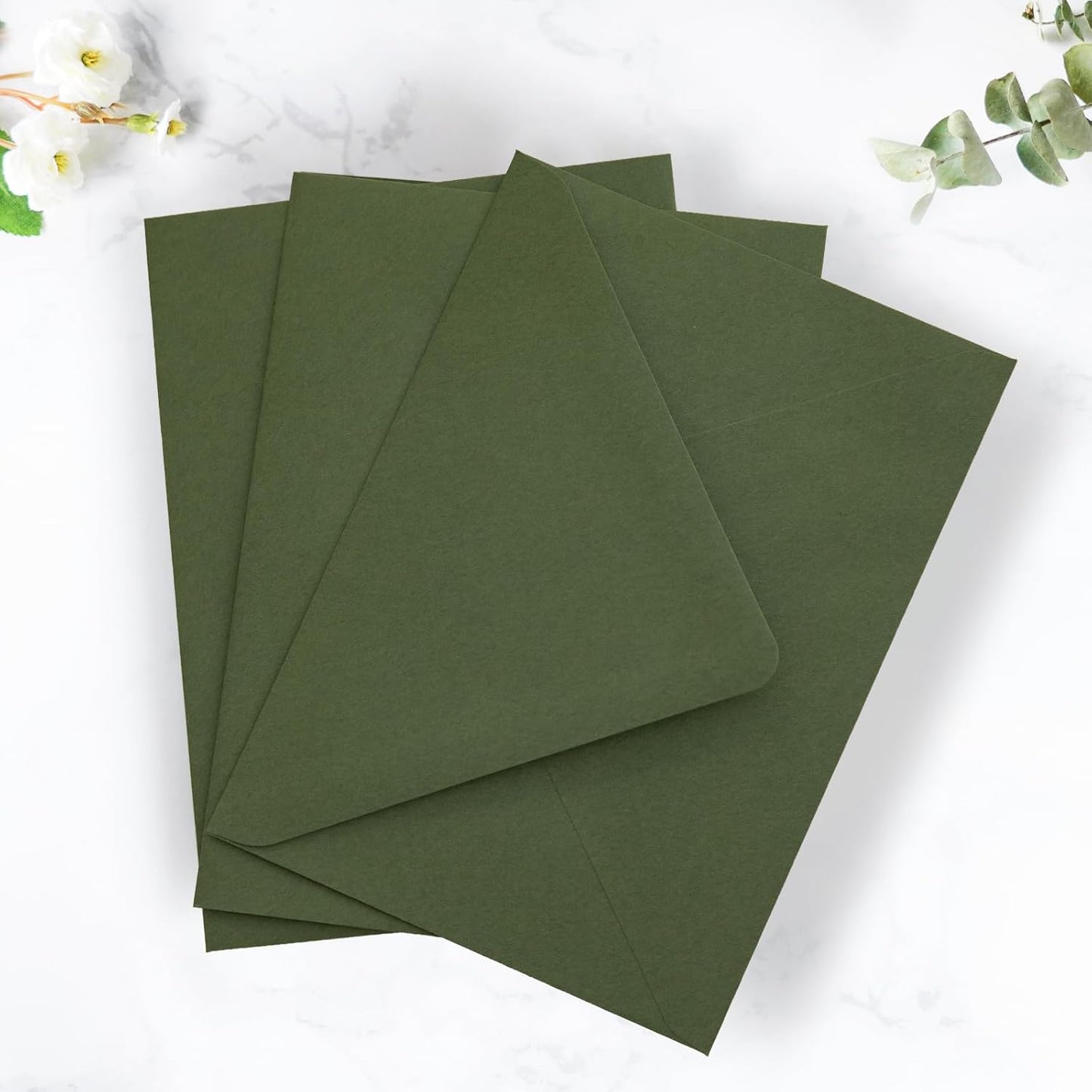 PONATIA 50PCS A7 Euro Flap Envelope, 5.25 x 7.25'' Olive Green Flowers Liner Envelopes for Wedding Invitations, Photos, Postcards, Greeting Cards, Christmas Gift, Acrylic Mailing, 5 x 7 Envelopes