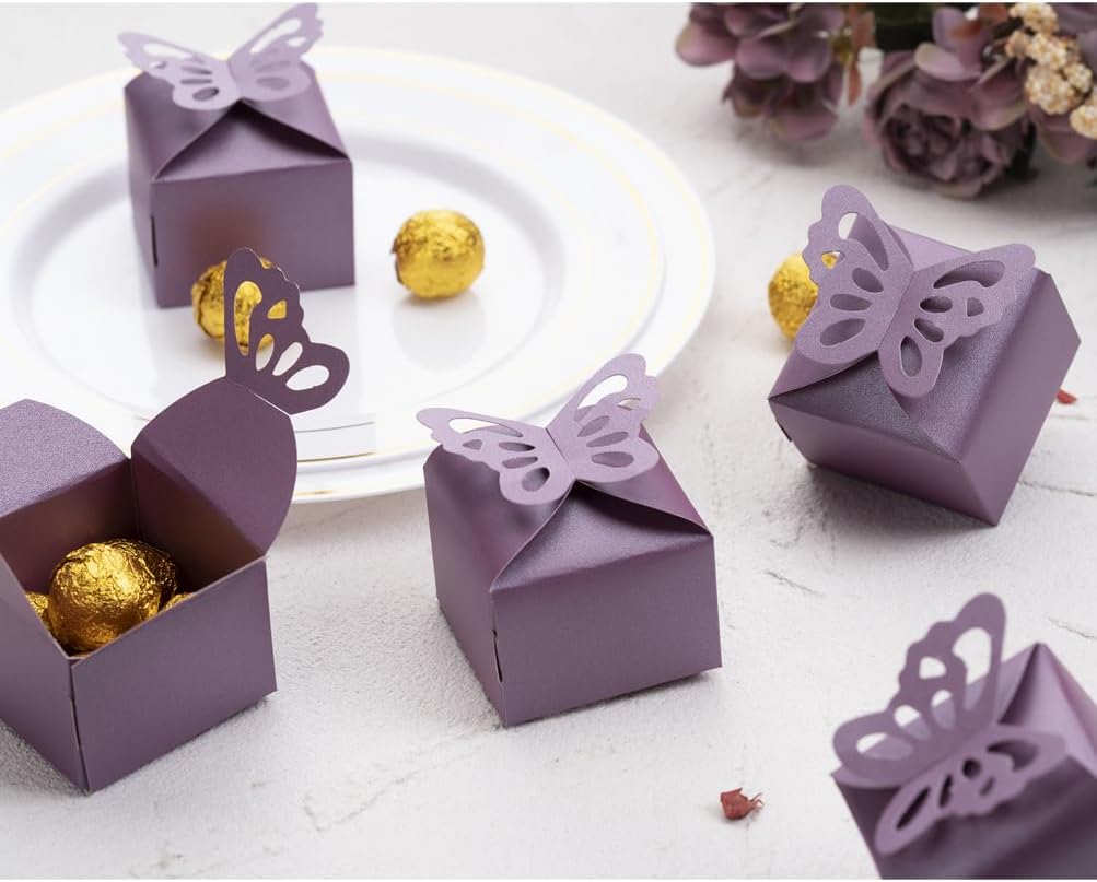 AWELL Purple Gift Candy Box Bulk 2.5x2x2.5 inches with Butterfly Bow Party Favor Box for Mother's Day, Purple,Pack of 50