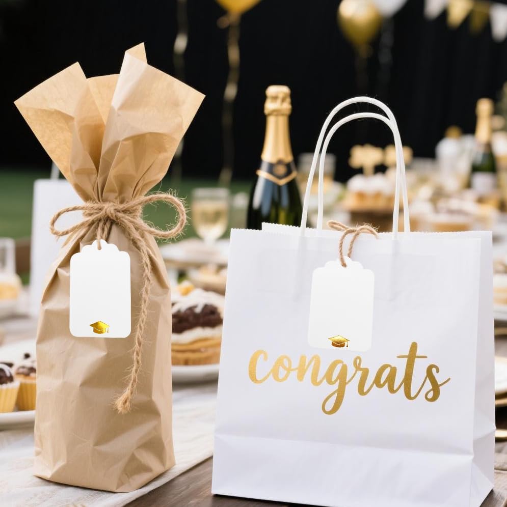100Pcs Blank Gift Tags with String Foil Gold Grad Cap Large White Paper Gift Tags with 65 Ft Jute Twine for Congrats Grad Congratulations Graduation Party