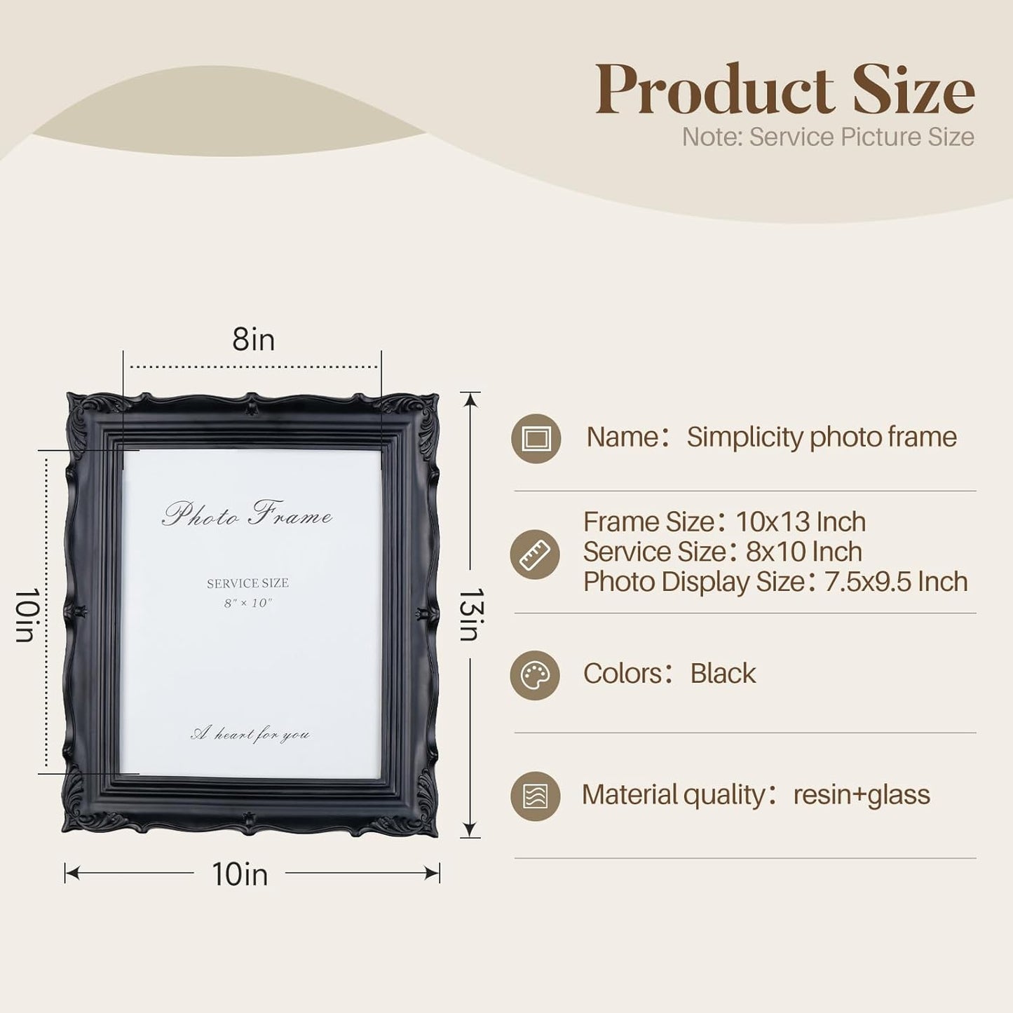 Cuspin 8x10 Picture Frame Black, Vintage Handmade Resin Frame with Carved Texture & Glass Front, Antique Retro Design for Tabletop Display or Wall Hanging, Black Photo Frames Home Decor