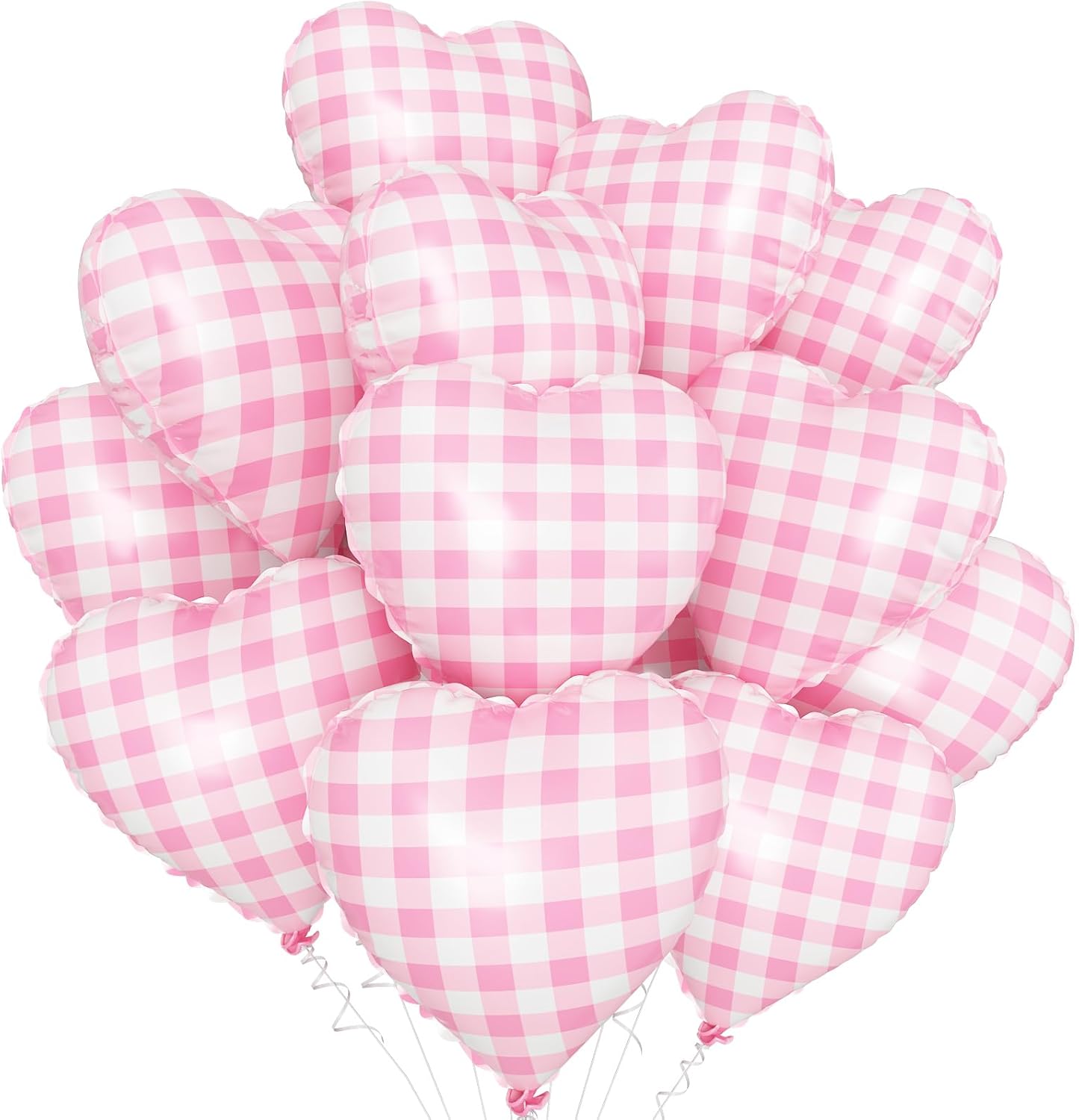 Pink White Checkered Heart Balloons,12Pcs 18Inch Light Pink Grid Heart Shaped Foil Helium Polyester Film Balloons for One Silly Goose Birthday Baby Shower Party Decorations