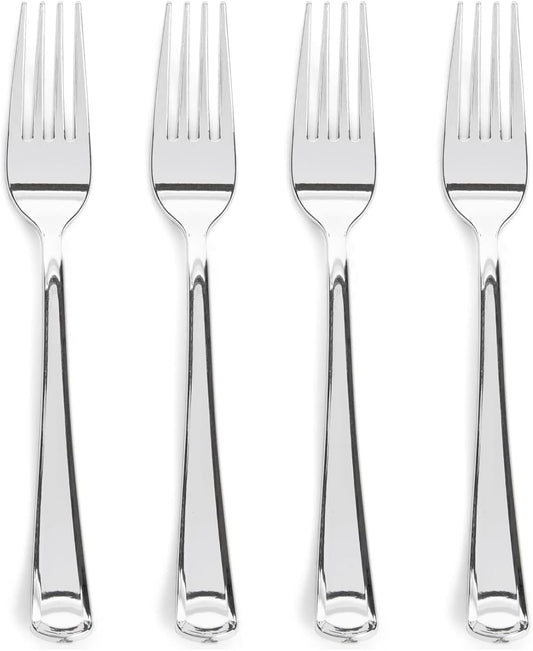 Prestee 100 Pack Silver Plastic Forks Heavy-Duty - Elegant Disposable Silverware Forks - Fancy Plastic Silver Cutlery Set - Heavyweight Utensils for Party, Holiday, and Events