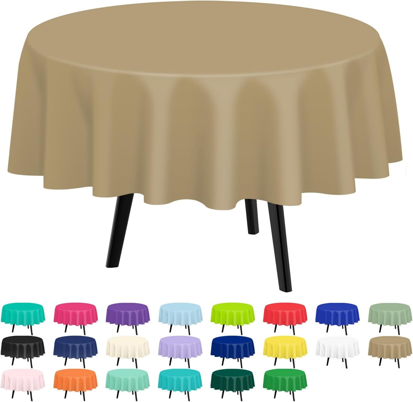 QIKSION Gold Round Tablecloth 2 Pack, 84 Inch Plastic Table Cover Disposable for Parties