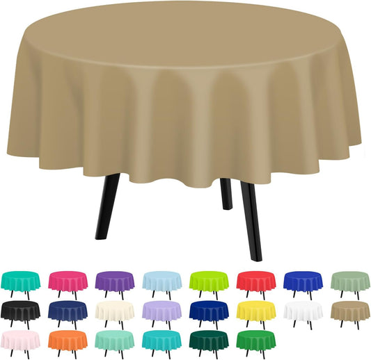 QIKSION Gold Round Tablecloth 2 Pack, 84 Inch Plastic Table Cover Disposable for Parties