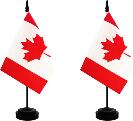 2 Pack Canada Desk Flag, Canadian Table Office Flag with Solid Pole and Stand Base, International Country Flag, Festival Celebration, Classroom Meeting Desktop Decoration (Canada)