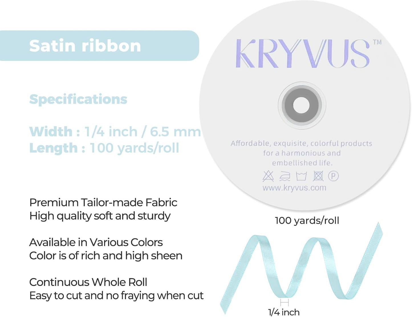 Light Blue Satin Ribbon 1/4 inch X Continuous 100 Yards, Single Face Polyester Ribbon Perfect for Gift Wrapping, Flower Bouquet, Wedding Decor, Crafts, Bow Making, Sewing and More