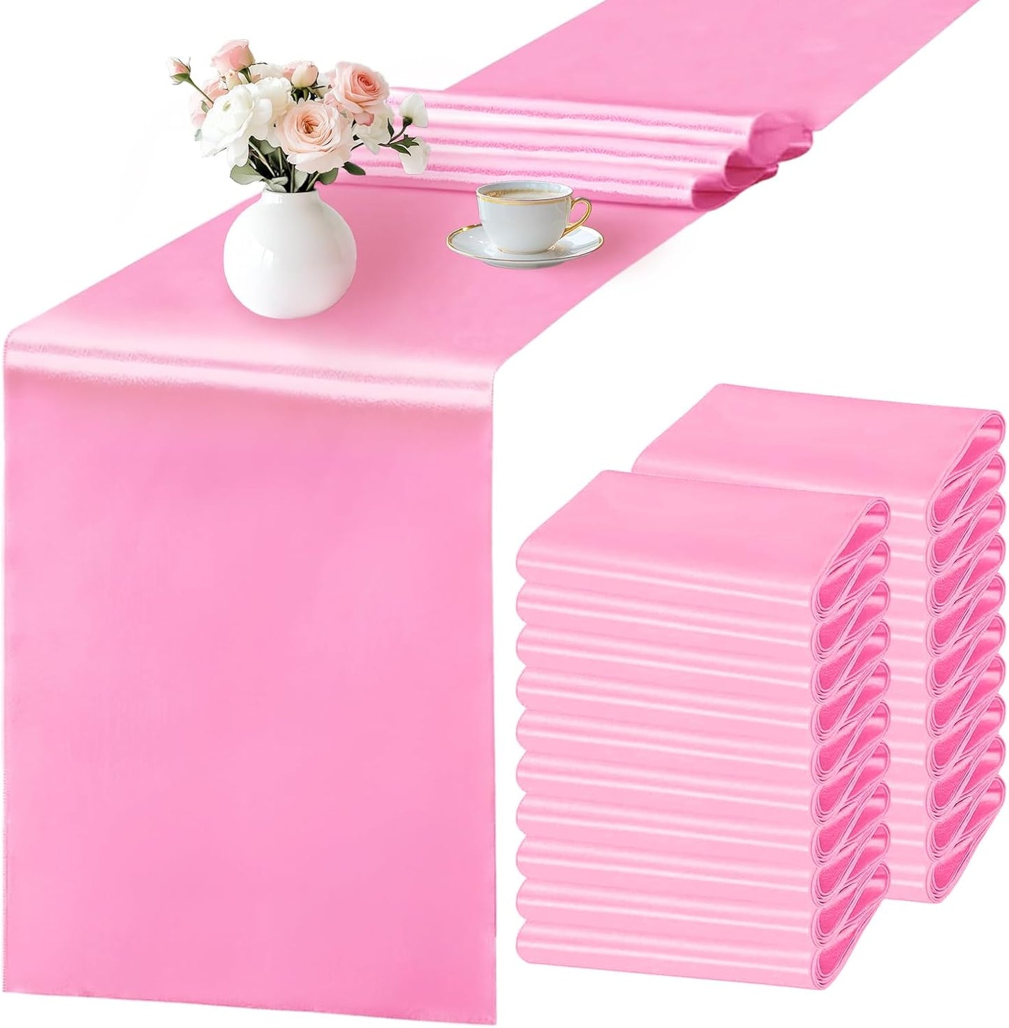 SHEJIZE 20 Pack Pink Satin Table Runner 12x108 Inches Long, Bright Silky Smooth Satin Table Runner Table Decor for Wedding Banquet Christmas Prom Event Birthday Party