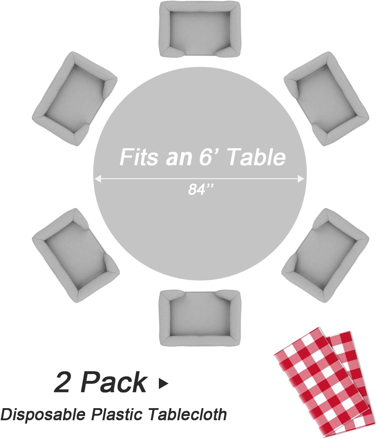 QIKSION Red Gingham Round Tablecloth 2 Pack, 84 Inch Plastic Checkered Table Cover Disposable for Parties