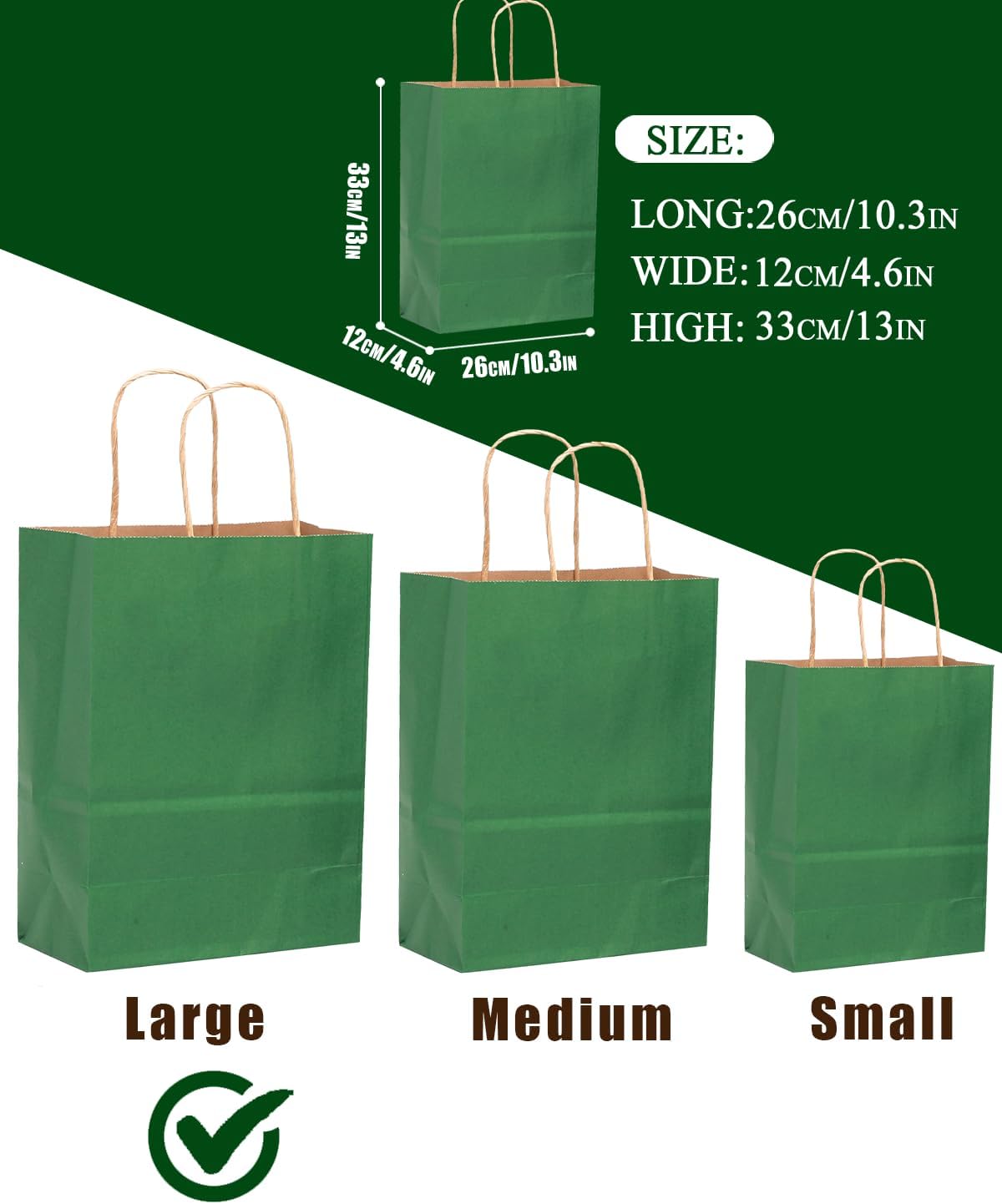 qiqee 100PCS Gift Bag with Handles Bulk Kraft Deep Green Paper Bags Multiple Uses (13''x5 x10 inch Large Size)