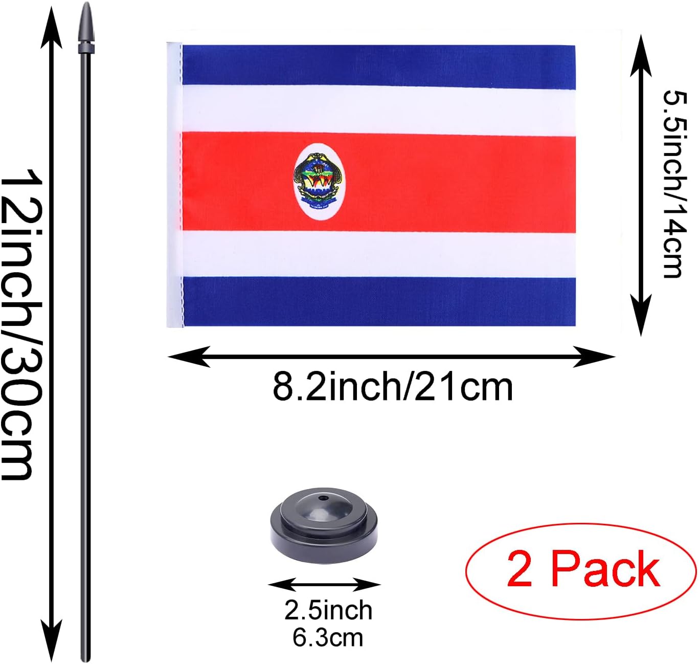 WXTWK 2 Pack Costa Rica Flag Costa Rica Deluxe Desk Flag Set - Mini Small Costa Rica Table Office Flags with Black 12" Solid Pole Stand Base Classroom Meeting Desktop Decorations