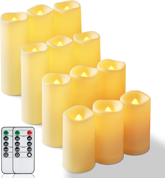 Homemory 12 Pcs Waterproof Flameless LED Candles with Remote & Timer, 4-Size Set (D2.2'' x H4''5''6''7''), Battery Operated Candles for Home Decor, Outdoor Parties & Events