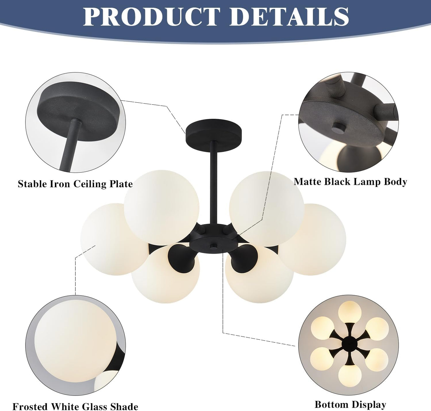 KCO Lighting 6 Lights Modern Semi Flush Mount Ceiling Light Fixture Glass Globe Sputnik Chandelier Ceiling Lighting Mid Century Black Close to Ceiling Light