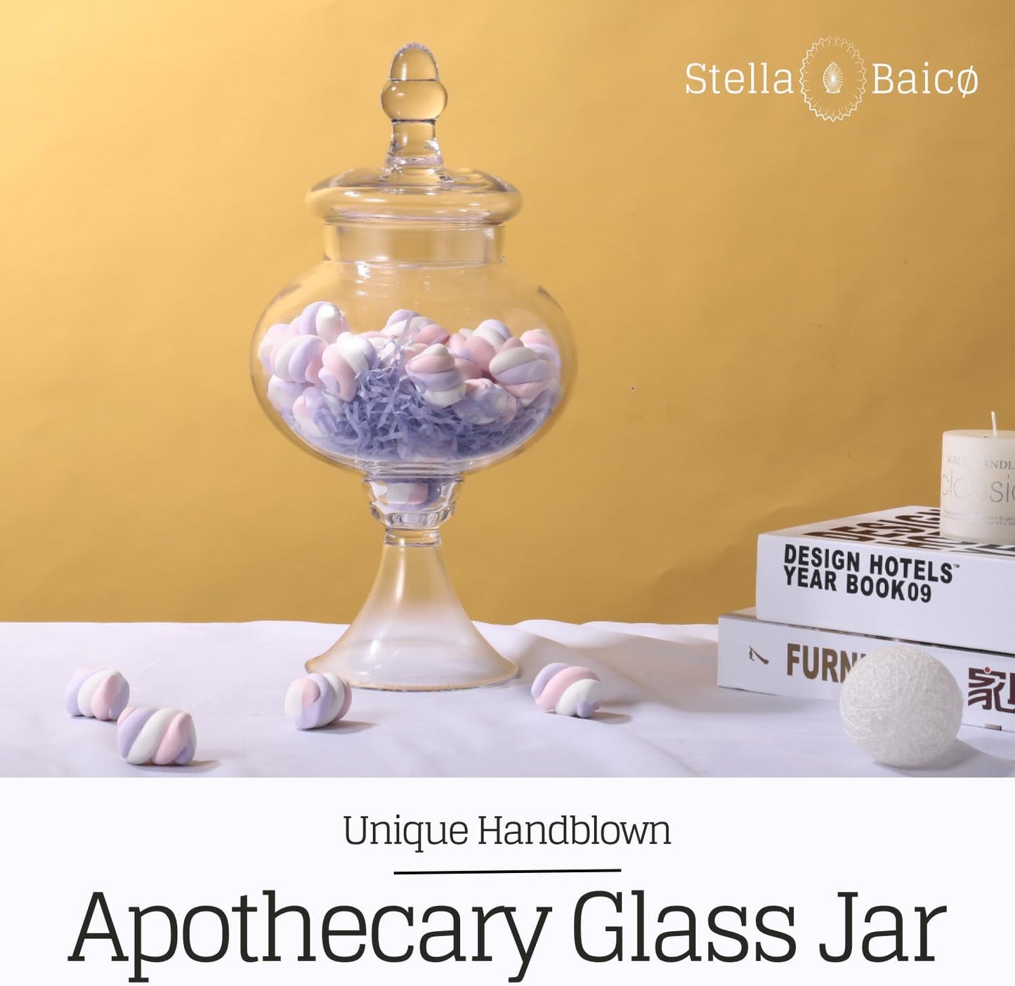 Stella Baic Hand-Blown Glass Apothecary Jar with Lid, Minimalist Style, Decorative Jar, Clear Glass Candy Jar, Height: 12.6", Diameter: 6.5
