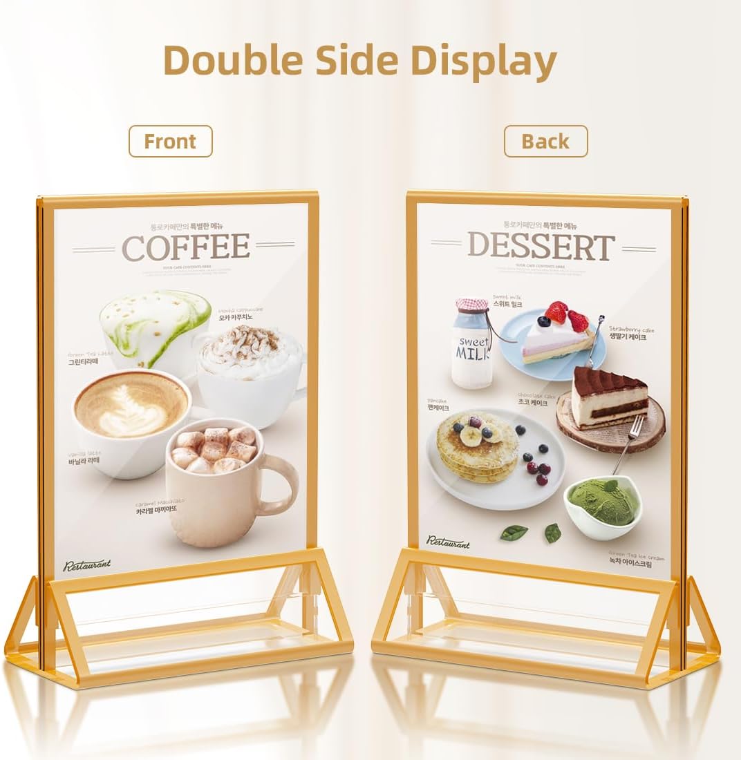 Gold Picture Frame 5X7 Acrylic Sign Holder with Gold Borders Double Sided Acrylic Frames Clear Display Stand, Plastic Sign Holder for Wedding Table Numbers Menu Holder (6 Pack)