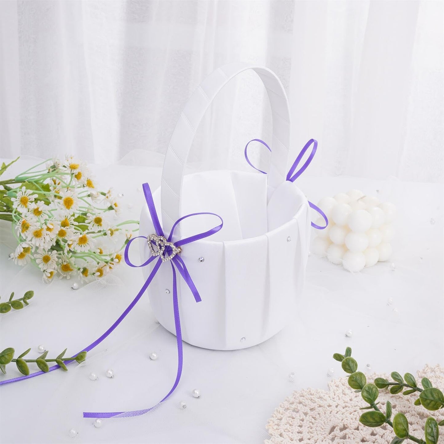 QIRMIZI Wedding Ring Pillow and Flower Girl Basket Set – Adorned with Pearl Rhinestones, White Satin,Purple