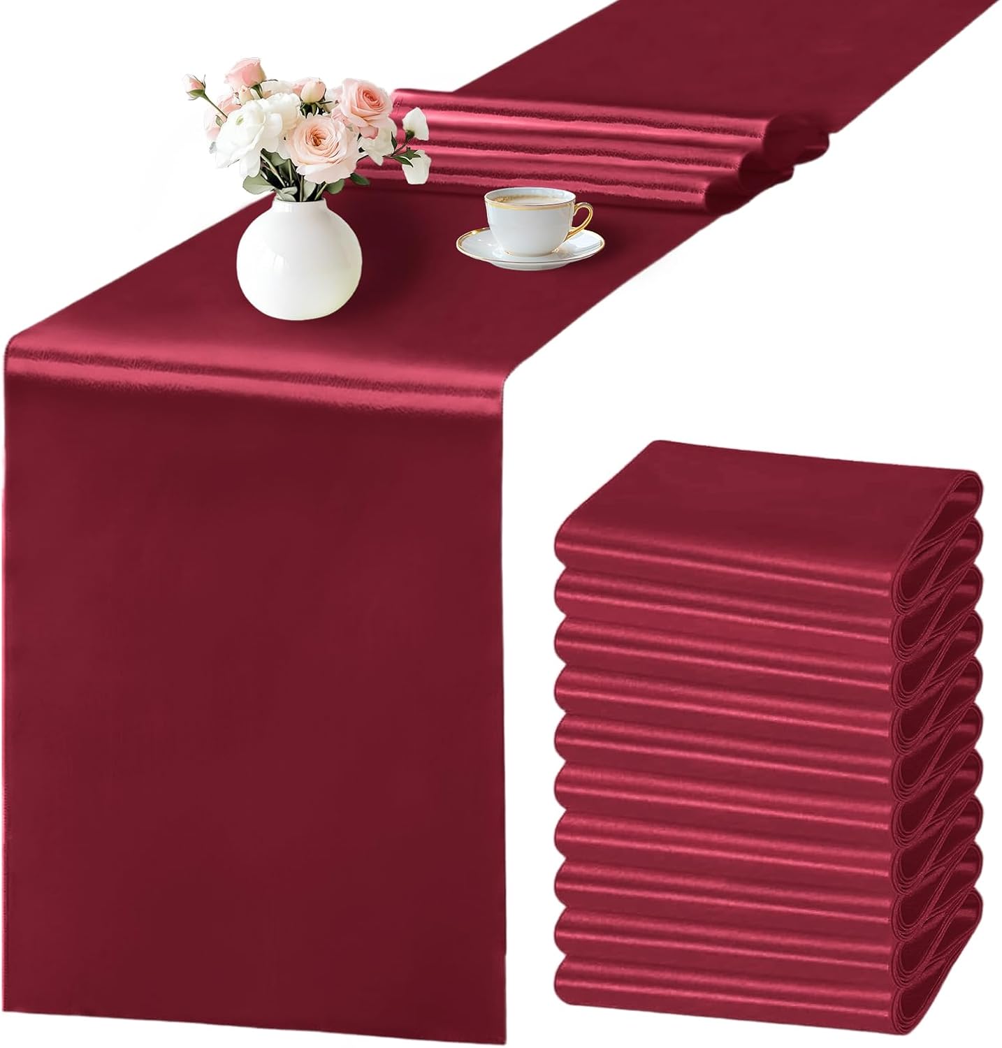 10 Pack Wine Red Satin Table Runner 12x108 Inches Long, Bright Silky Smooth Satin Table Runner Table Decor for Wedding Banquet Christmas Prom Event Birthday Party