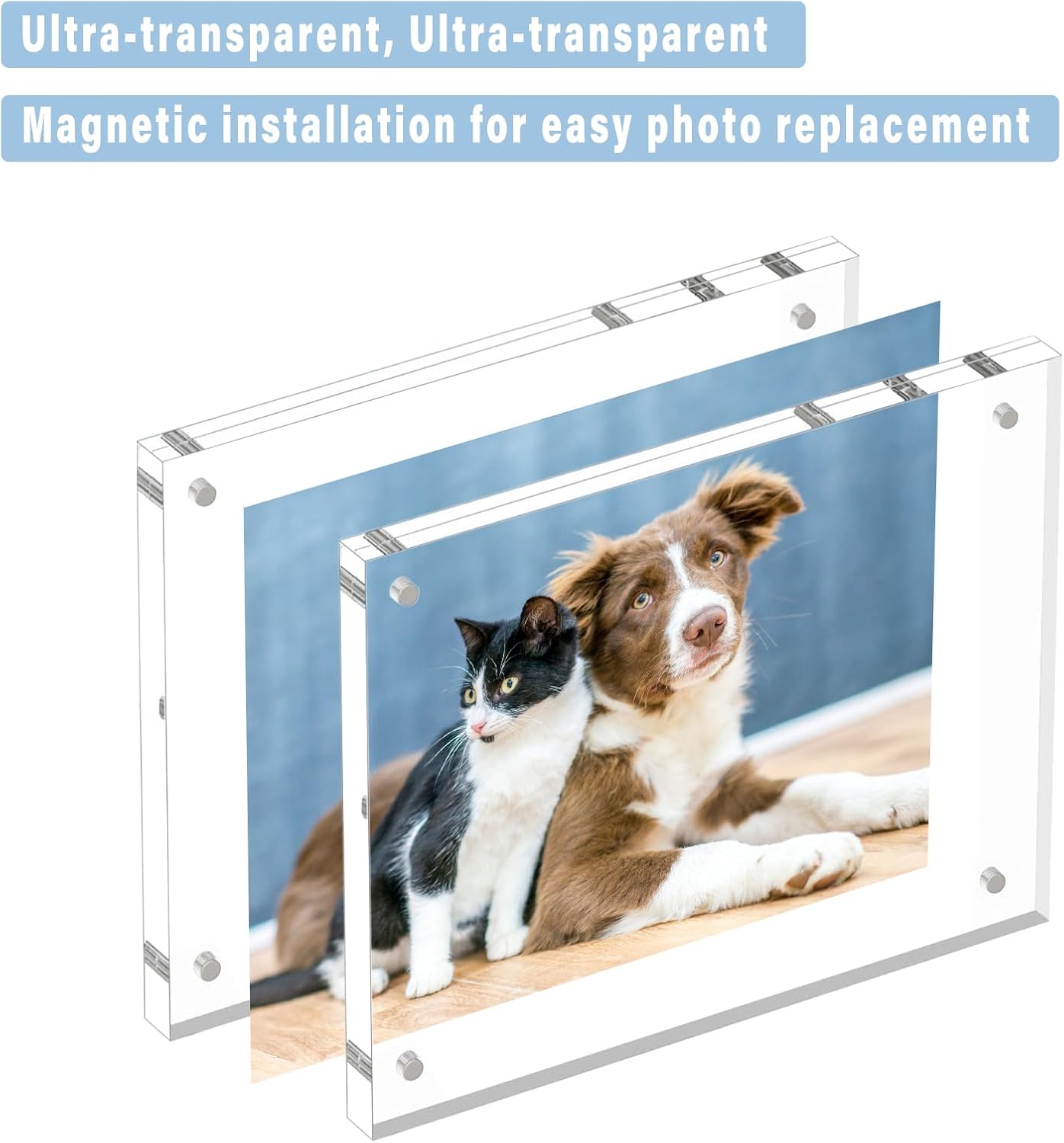 HELPLEX 3 Pack 5x5 Acrylic Picture Frames, 20mm Thicker Frameless Clear Double Sided Magnetic Frames, Free Standing Desktop Display Stands, 5x5