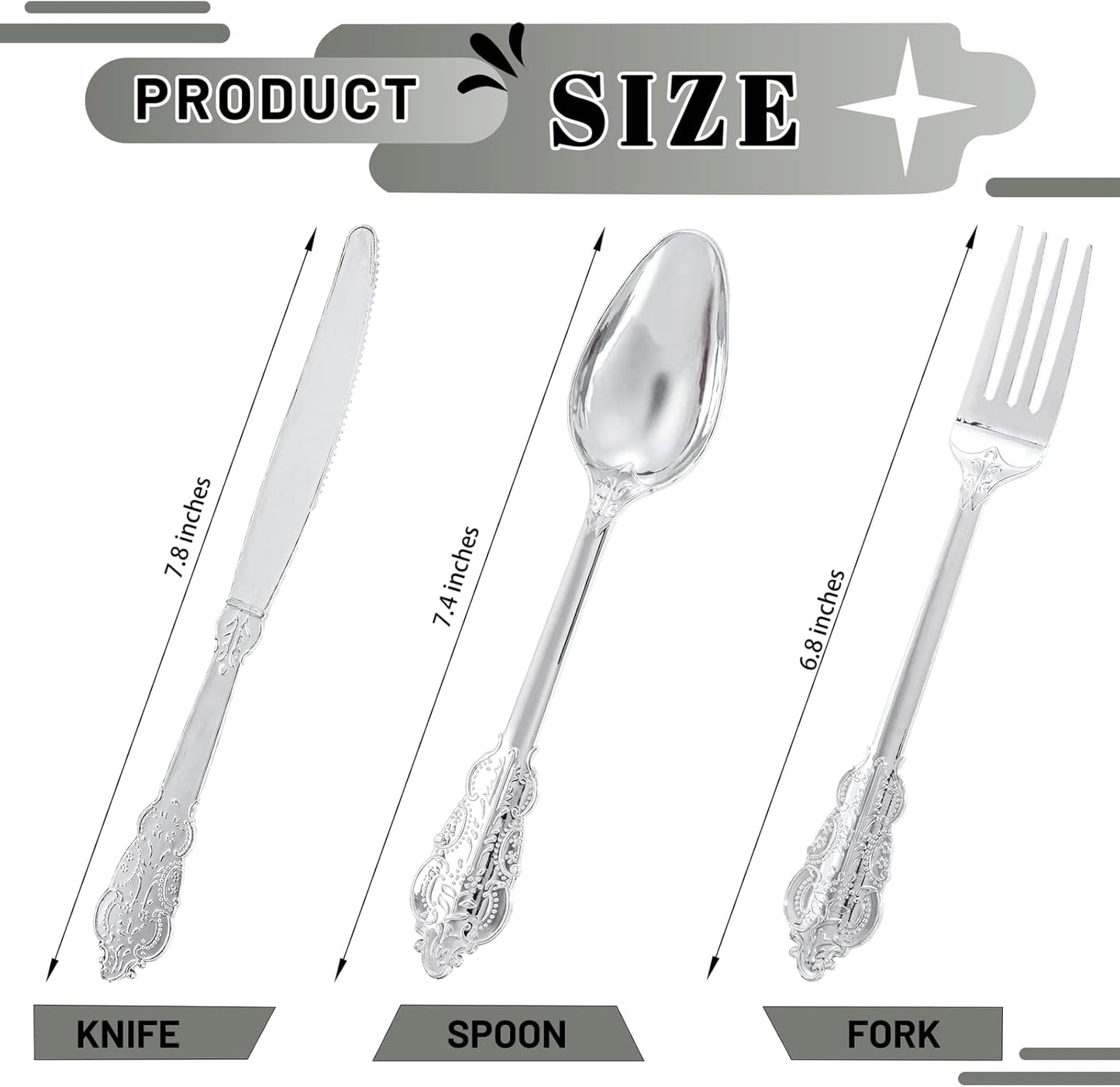 300Pieces Silver Plastic Silverware - Heavy Duty Silver Disposable Utensils - Fancy Plastic Cutlery Set Includes 100 Forks, 100 Spoons, 100 Knives for Dinner Parties Weddings