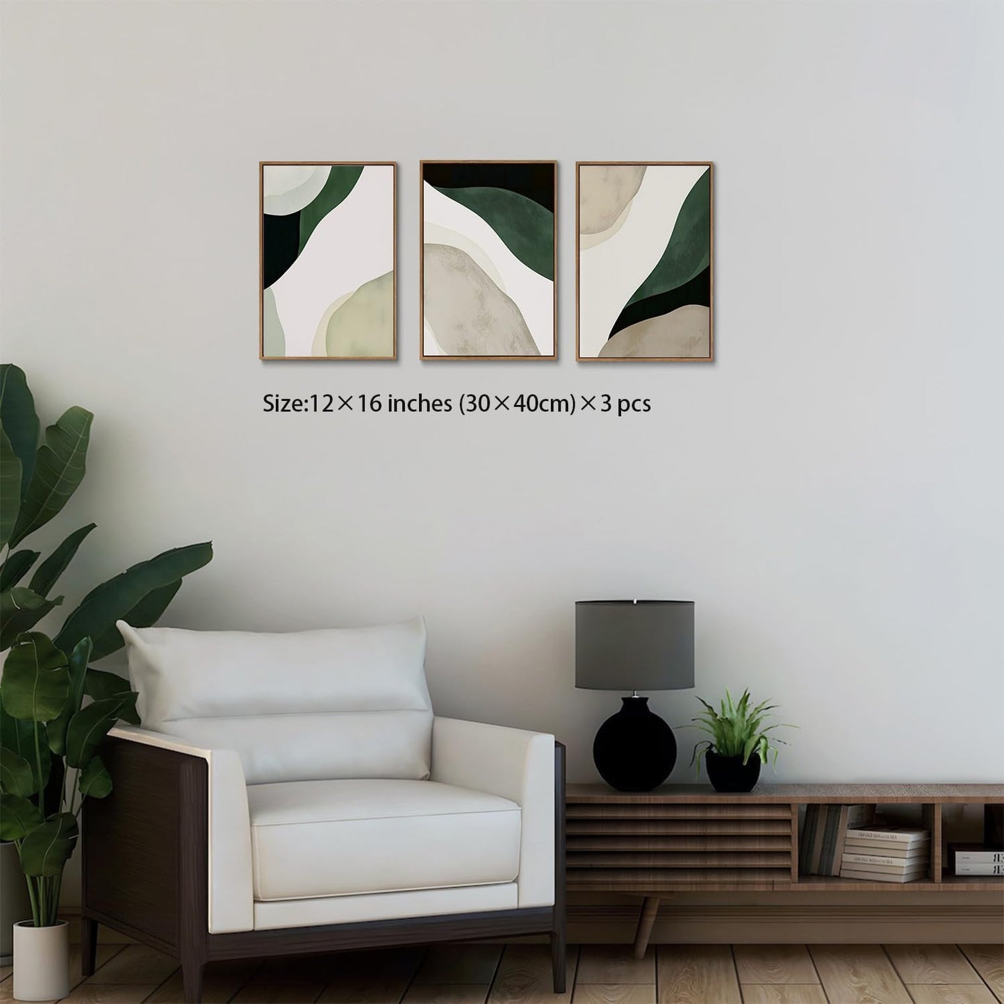 myusuar 3 Piece Large Modern Abstract Canvas Framed Wall Art For Living Room, Green Black White Minimalist Wall Art Decor Posters Prints For Bedroom Office 12x16in