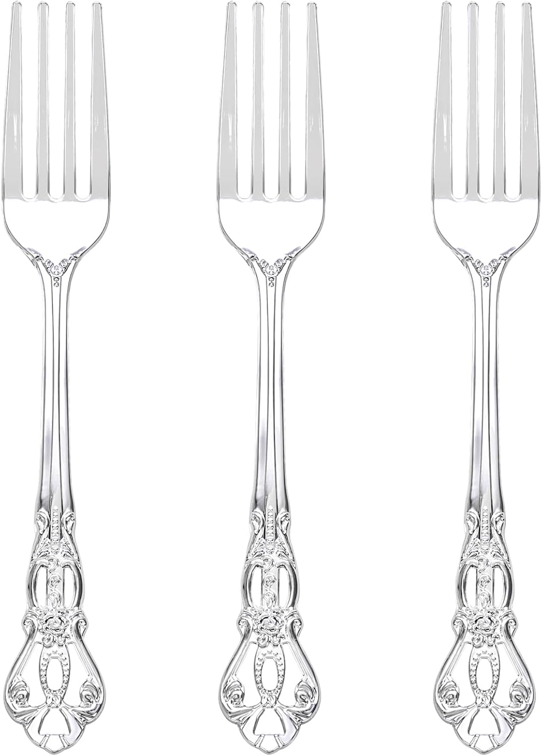 75PCS Silver Plastic Forks - 8.1inch Silver Forks Disposable - Vintage Heavy Duty Dessert Forks - Premium Fancy Plastic Silverware for Parties, Weddings, Dinners and Events