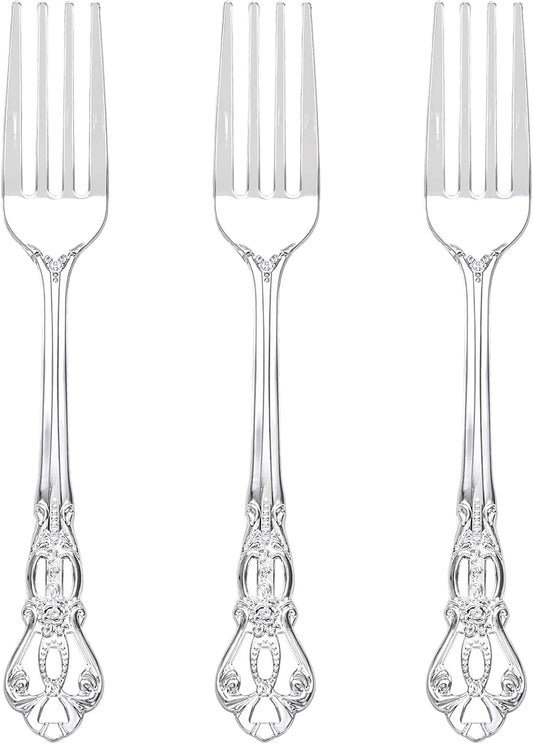 75PCS Silver Plastic Forks - 8.1inch Silver Forks Disposable - Vintage Heavy Duty Dessert Forks - Premium Fancy Plastic Silverware for Parties, Weddings, Dinners and Events
